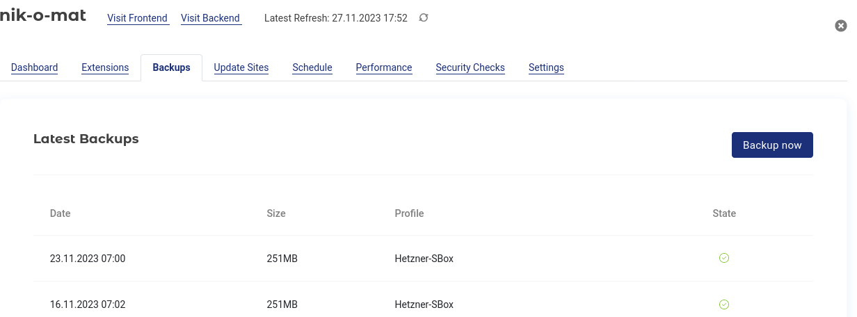 Detailansicht für Backups