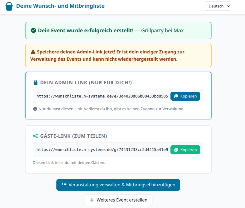 Erfolgreich angelegt